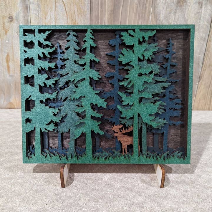 Layered Moose in the Woods Art MEDIUM size 8.5" x 10.5" for wholesale by Knit and Nailed