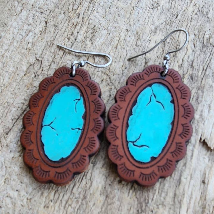 "Julia" Handmade Leather Earrings for wholesale by Cocklebur & Co.