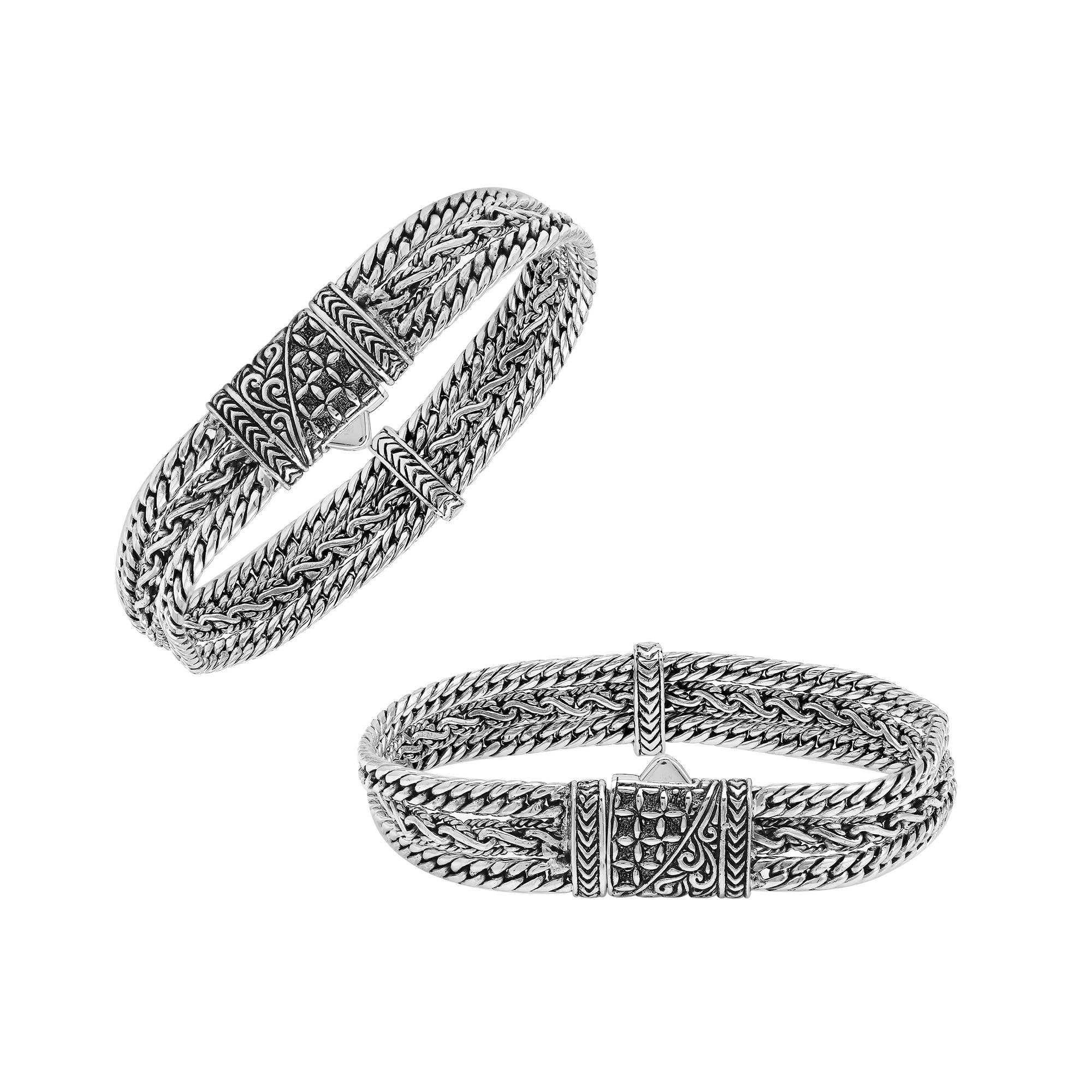 Bali Designs - Wholesale Bangle Bracelet - AB-1253-S Sterling Silver Balinese Woven Chain Bracelet With Intricate Push Clasp Artisan Detailing0