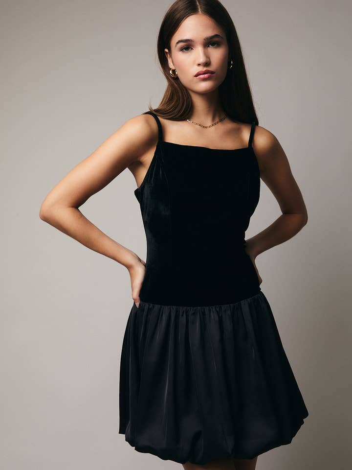 Black SLEEVELESS DROP WAIST BUBBLE HEM DRESS for wholesale on Faire1