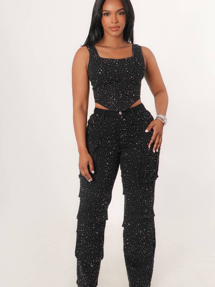 Bossy Babe High Quality Rhinestone Detail Top And Pants Set for wholesale by BJ's Closets