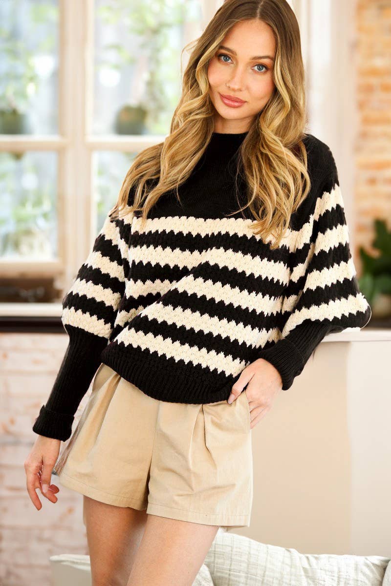 Vine & Love - Wholesale Knit Sweater - Women's - Ribbed Mock Neck Textured Striped Knitted Sweater VT703322