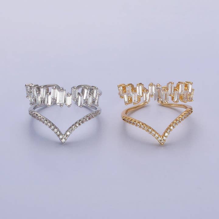 Aim Eternal - Wholesale Multi-Stone Ring - Gold Plated Curve Baguette CZ Diamond Chevron Ring