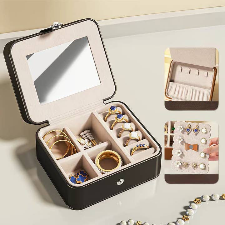 wandf - Wholesale Jewellery box/organiser - Soft Leather Jewelry Organizer Travel Case with Mirror Trip12