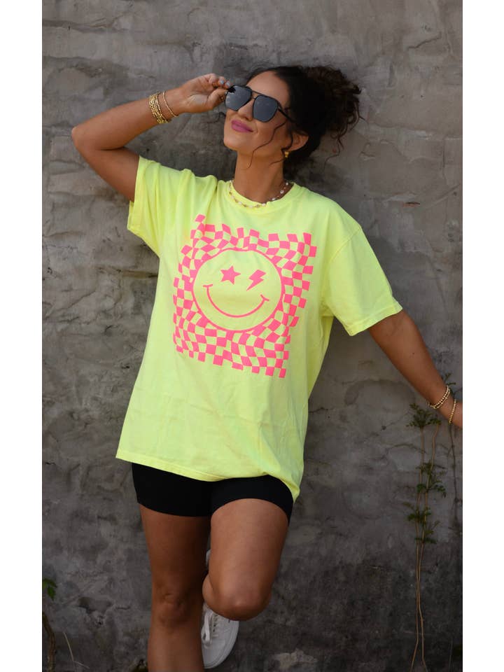 RTS Neon Yellow Checkered Smiley Tee for wholesale on Faire