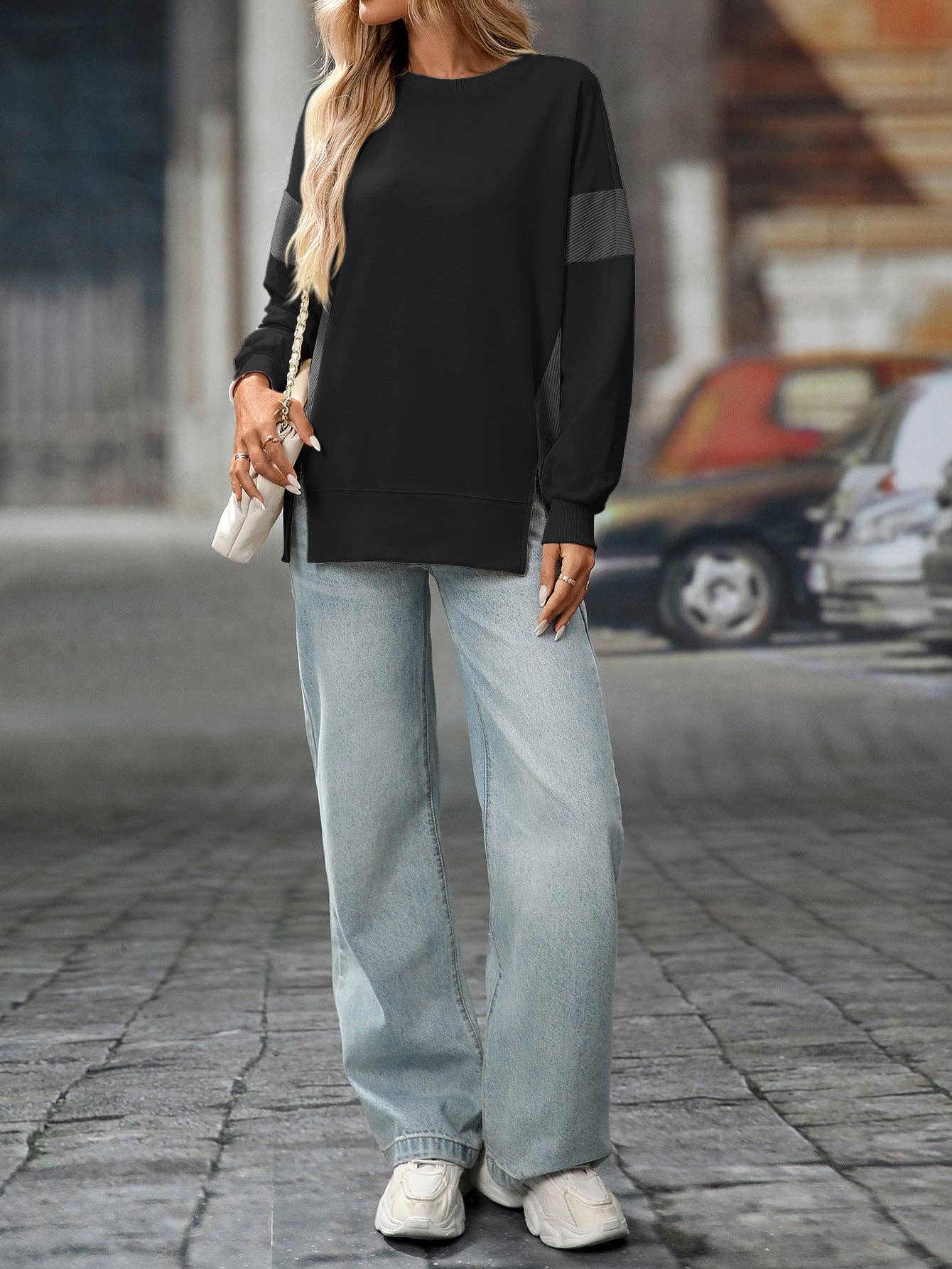 Suhkasana – wholesale Sweatshirt - Dam – Rosa färgblock rundhalsad löst sittande sweatshirt-topp20