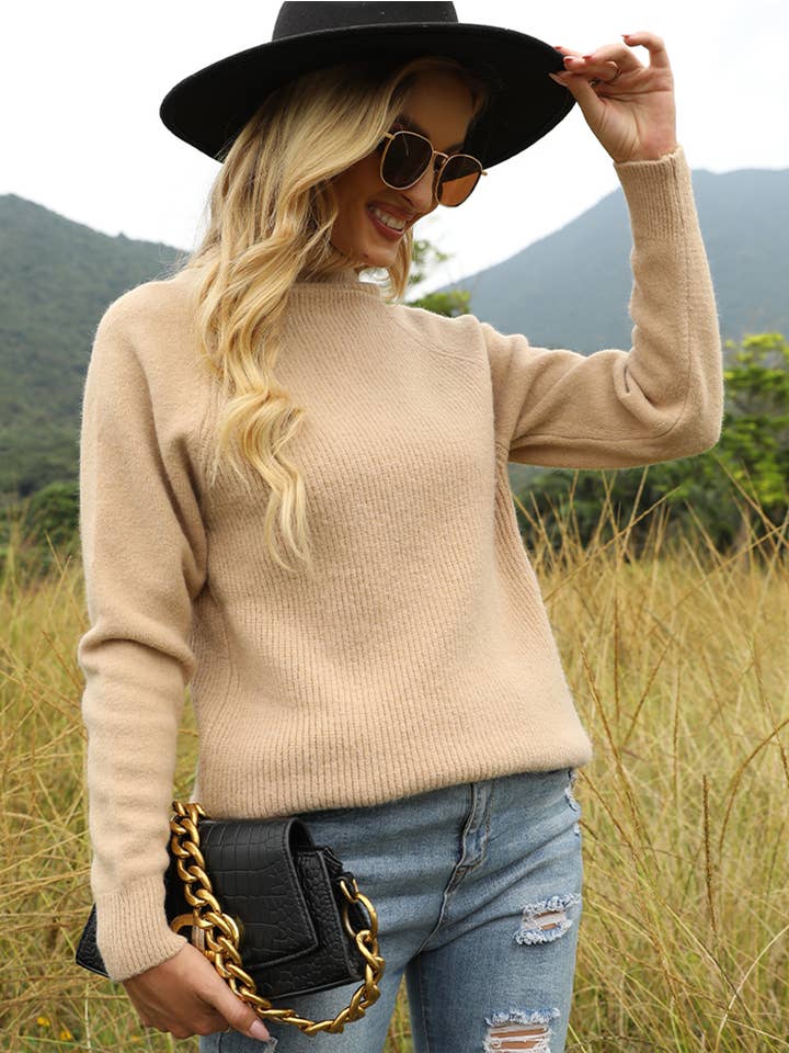 Hope Horizon LLC - Vente Pull en maille – femme - Pull trapèze à col montant Abricot