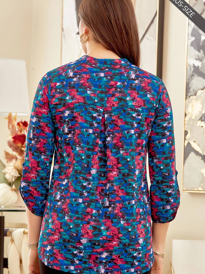 NAVY MULTI PLUS SIZE 3/4 Sleeve Wrinkle Free Top LIZZY-V0179P for wholesale on Faire