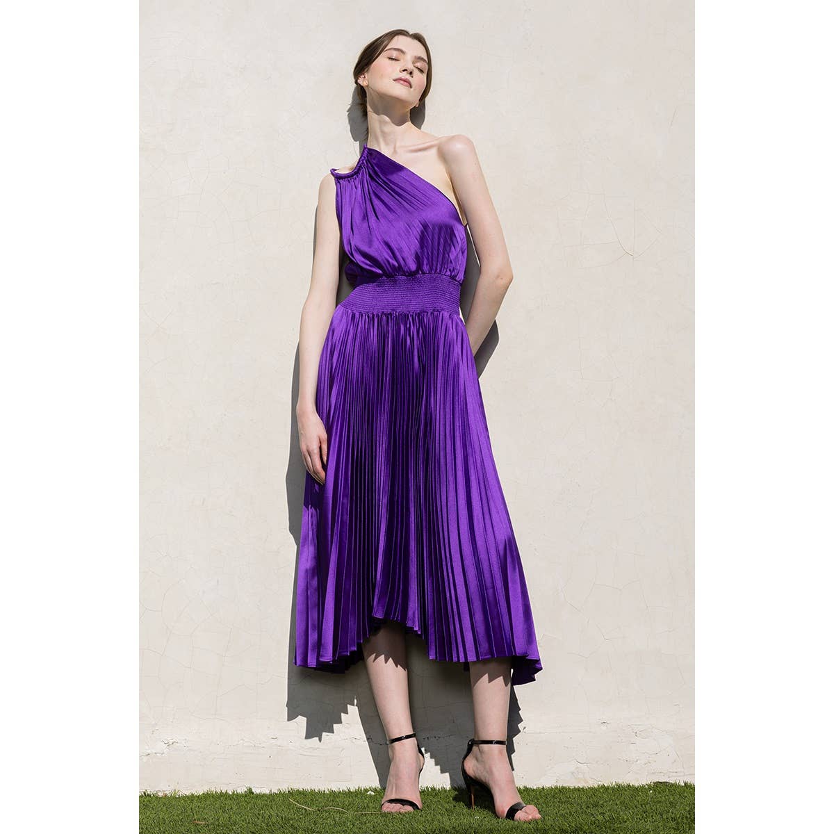 INA - Wholesale Dress - Women's - One-Shoulder Double Strap Pleated Satin Dress12
