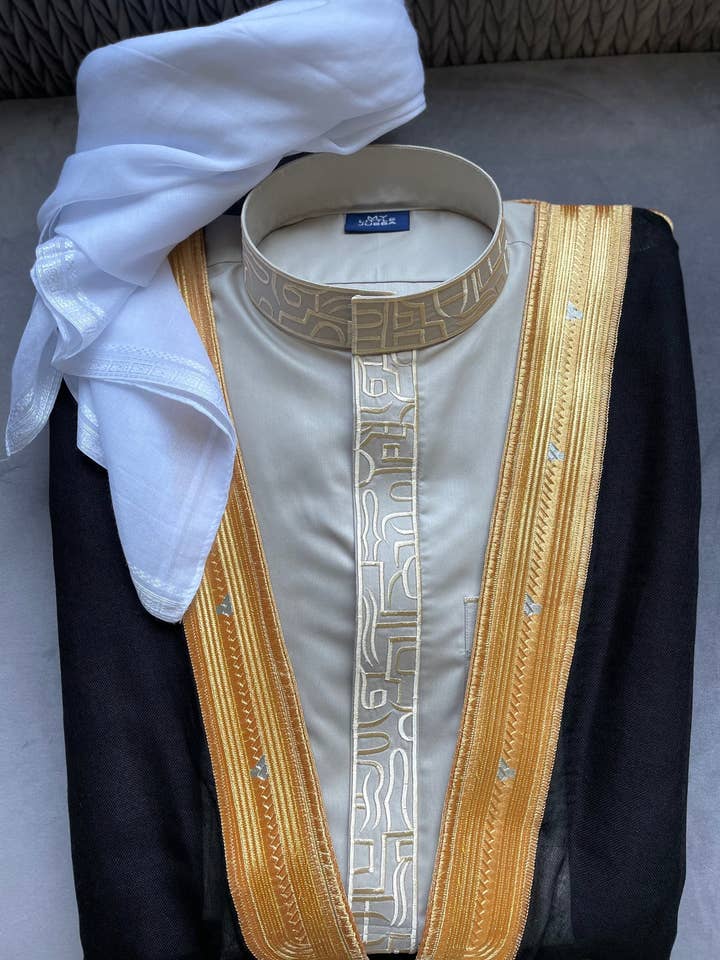 Mens Light Grey Thobe with Gold Embroidery 3 Pcs Set for wholesale by MY LITTLE JUBBA