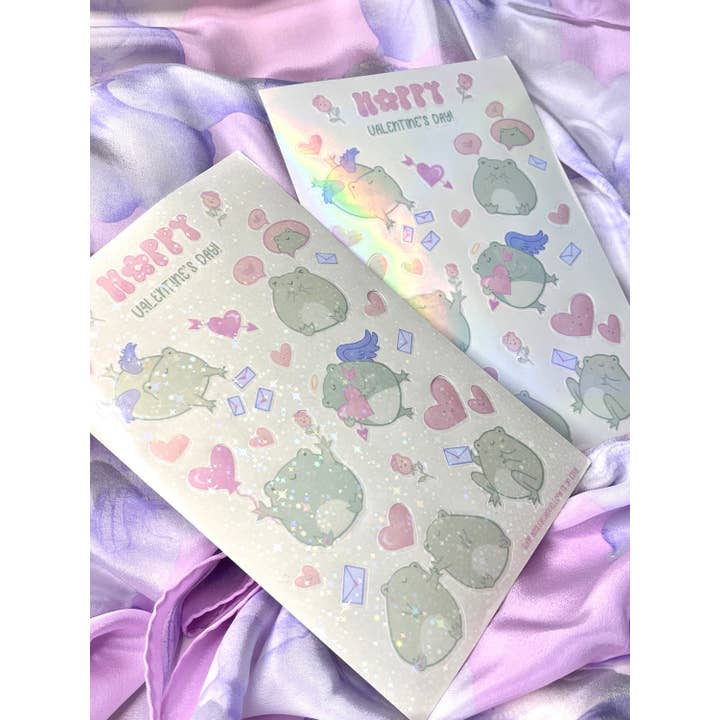 Holographic Kawaii Hoppy Valentine's Day Frog Sticker for wholesale by Ashley Waddell Crafts
