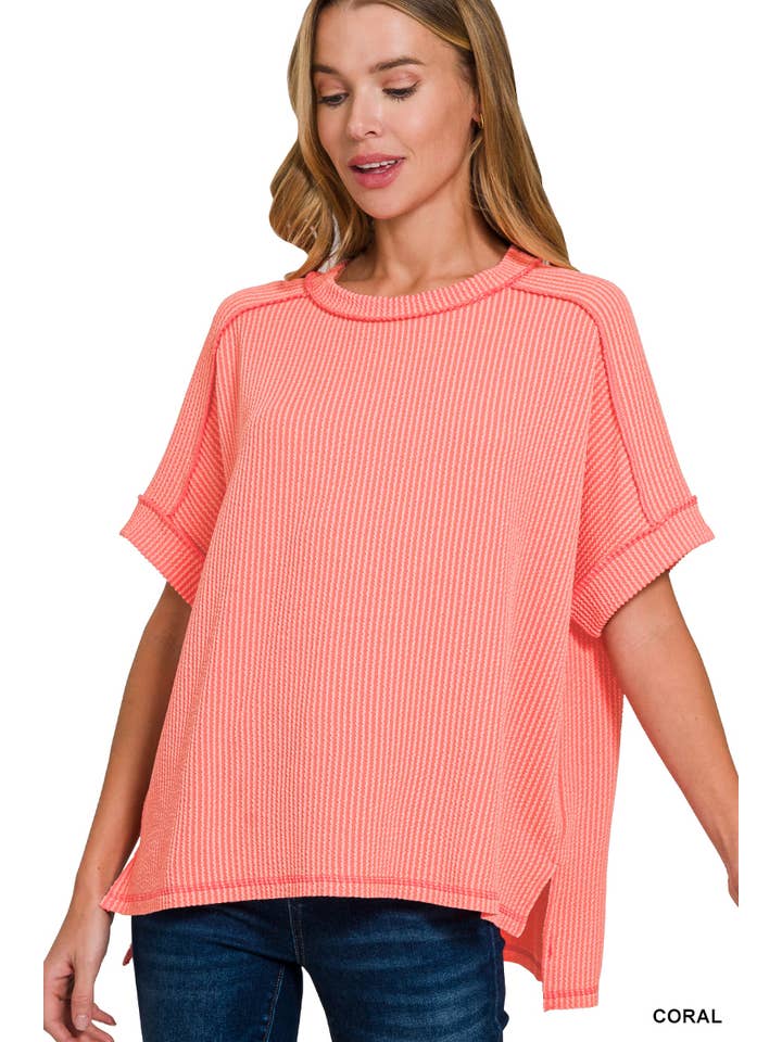 42POPS – wholesale Stickad topp - Dam – .Corded Rib Kortärmad Topp med Rå Kant49