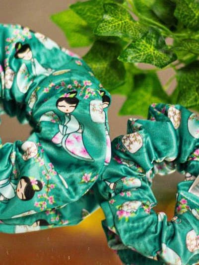 COTTON Teal Geisha Girl Scrunchie for wholesale by Le Luxe by Cher