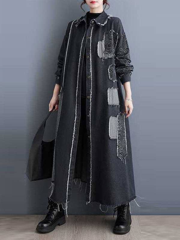 UZ Wholesale Store – wholesale Trenchcoat - Dam – Asymmetrisk knäppt lång trenchcoat med fransar och delade sömmar, lös passform5