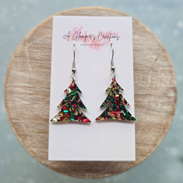 Red Gold Green Quirky Christmas Tree Acrylic Earrings for wholesale by A Glamper's Creations LLC