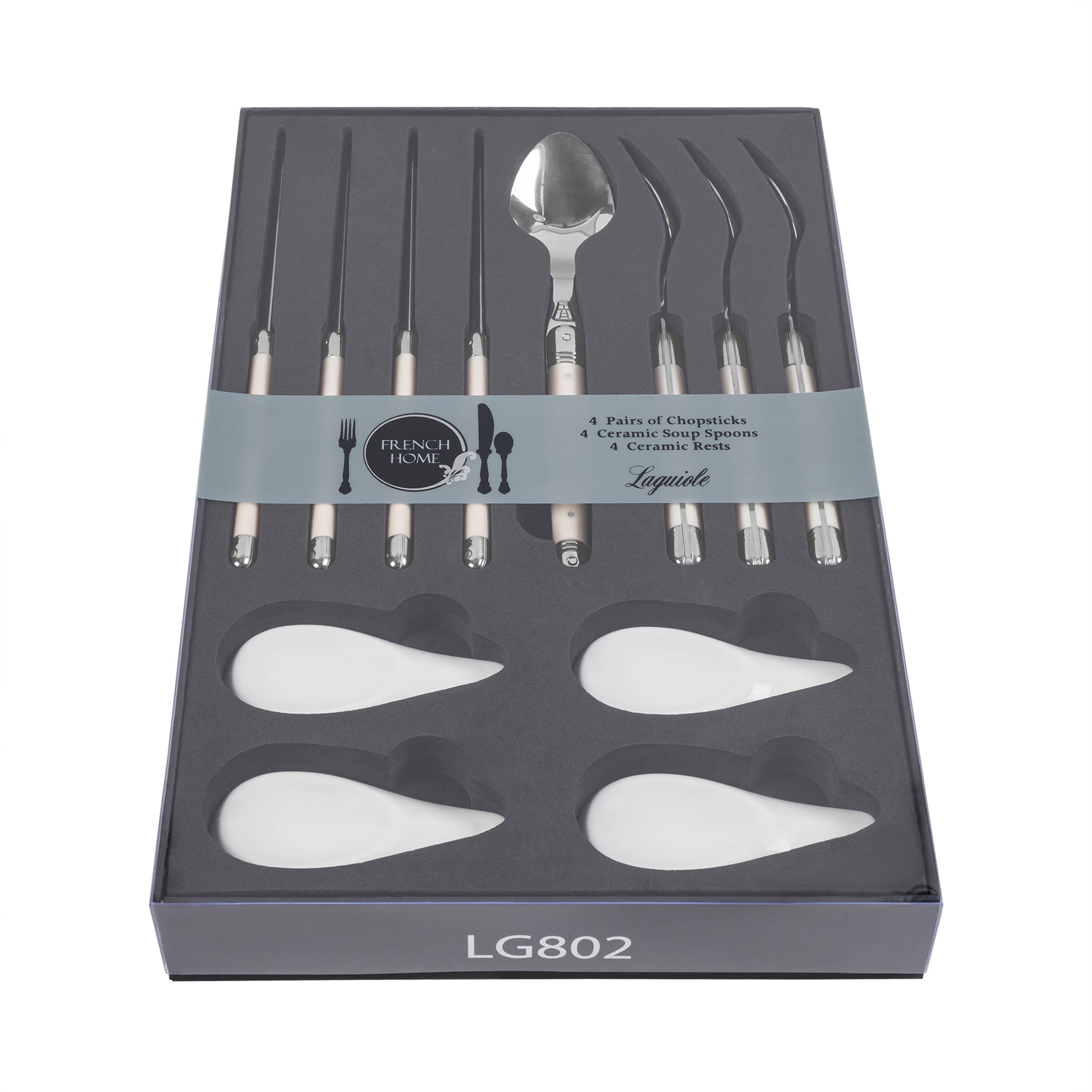 French Home - Wholesale Assorted Cutlery Set - Laguiole Faux Ivory Chopsticks & Spoons with Rests, 4 Pairs4