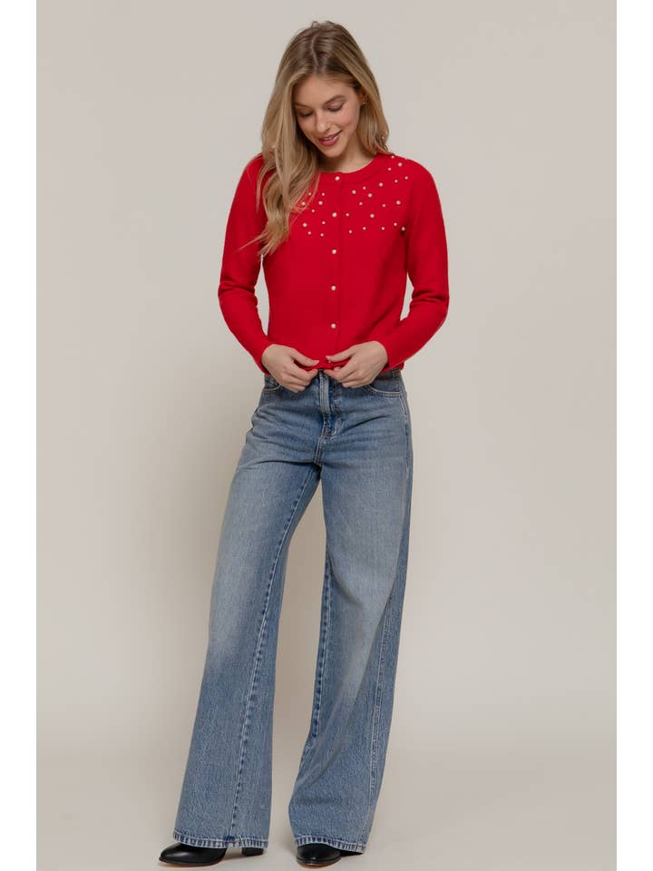 Active Basic | Active USA - Wholesale Cardigan - Women's - Long Sleeve Round Neck Pearl Embellished Sweater Cardigan4