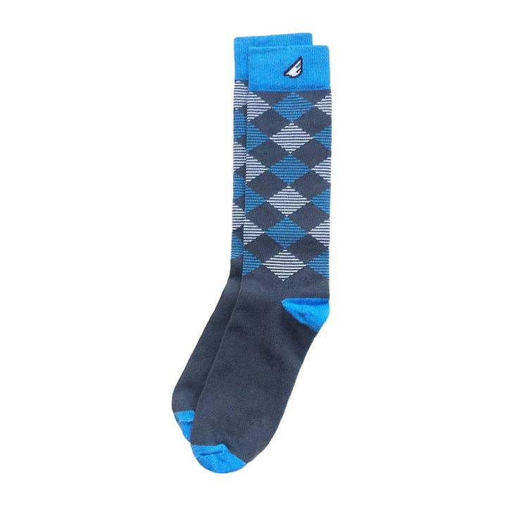 Scotsman - Dark Grey, Sky Blue & White. American Made Dress / Casual Argyle Socks for wholesale by Boldfoot Socks