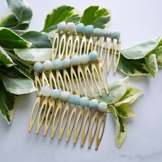 Faceted Amazonite gemstones Hair Comb Brass Barrette for wholesale by Miss Penny Lane