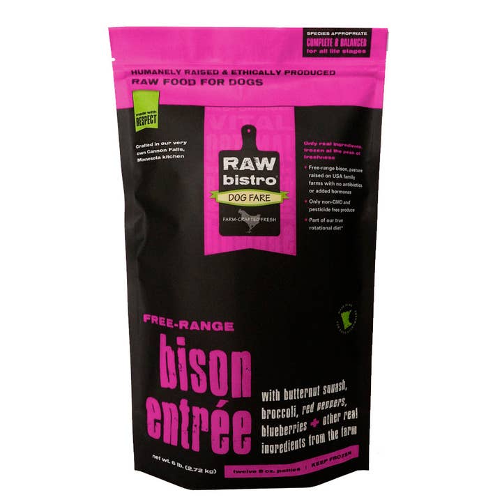 🦬 Raw Frozen Bison Entrée – 6 lb Bag (8 oz Patties) for wholesale by Raw Bistro Pet Fare