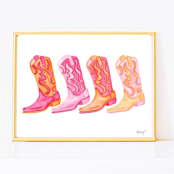 Print | Row of Hot Pink & Orange Cowboy Boots Watercolor | Coastal Cowgirl Southern Rustic Western Colorful Fun Dorm Room Poster Decor for wholesale by Shop Art by Audrey