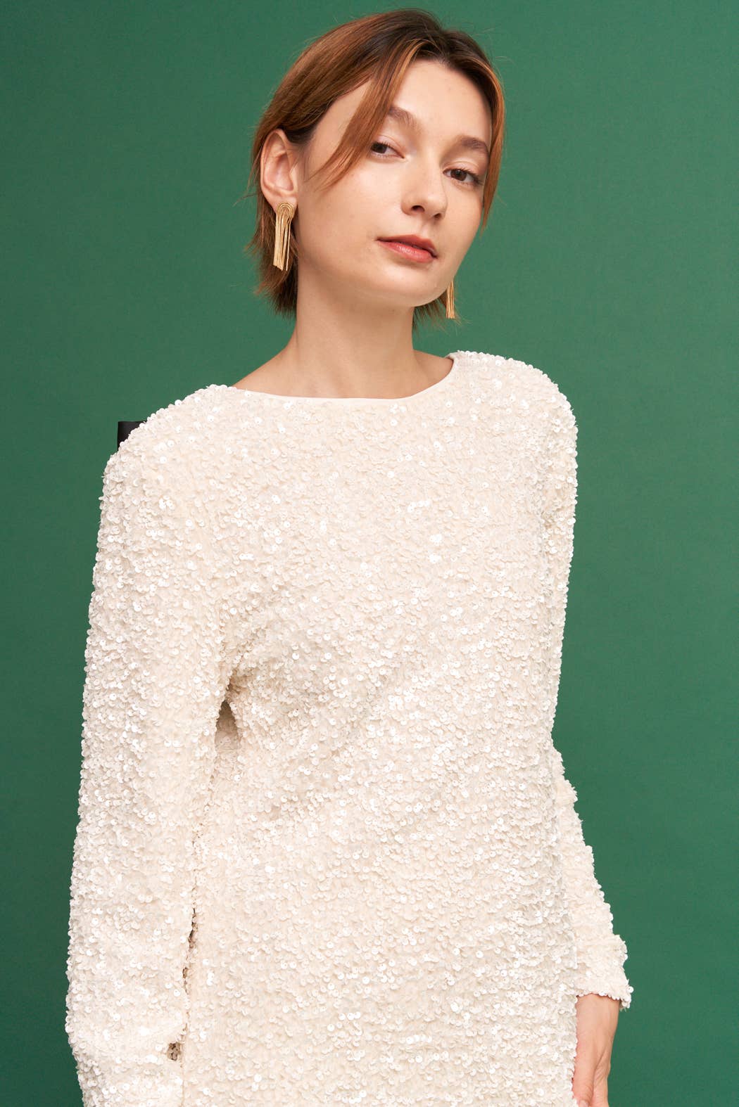 En Crème - Vente Robe – femme - Robe courte à sequins à manches longues avec nœud à nouer dans le dos9