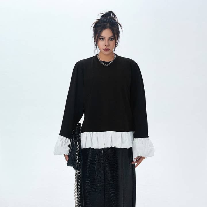 Sweatshirt com Renda em Bloco de Cor e Mangas Flare por atacado de Sheer Trend