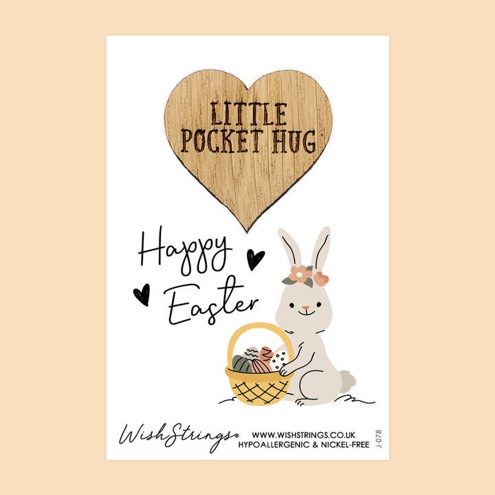 Happy Easter Bunny Design - Oak Pocket Hug Token | J078 for wholesale by WishStrings