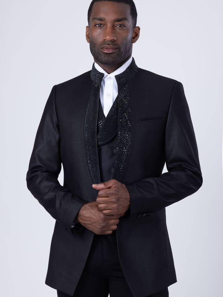 Black Men's Rhinestone Solid Stand Collar Suit Set 4SU17 for wholesale on Faire2