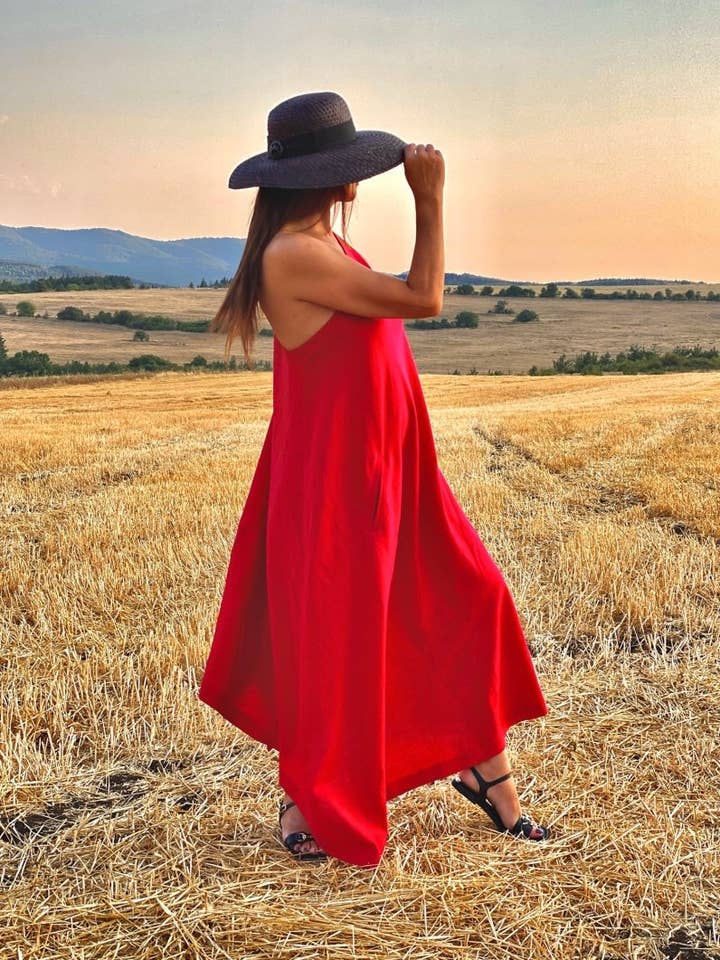 Red Linen One Shoulder Dress TIFFANY for wholesale by EUG fashion