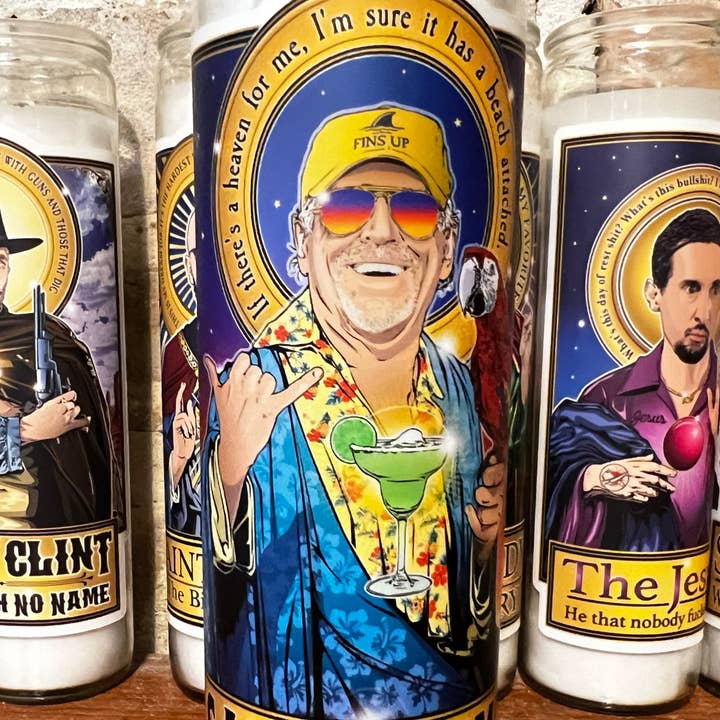 Saint Jimmy 🌴 Patron of the Permanent Vacation Prayer Candle 🕯️ for wholesale by Cleaver And Blade