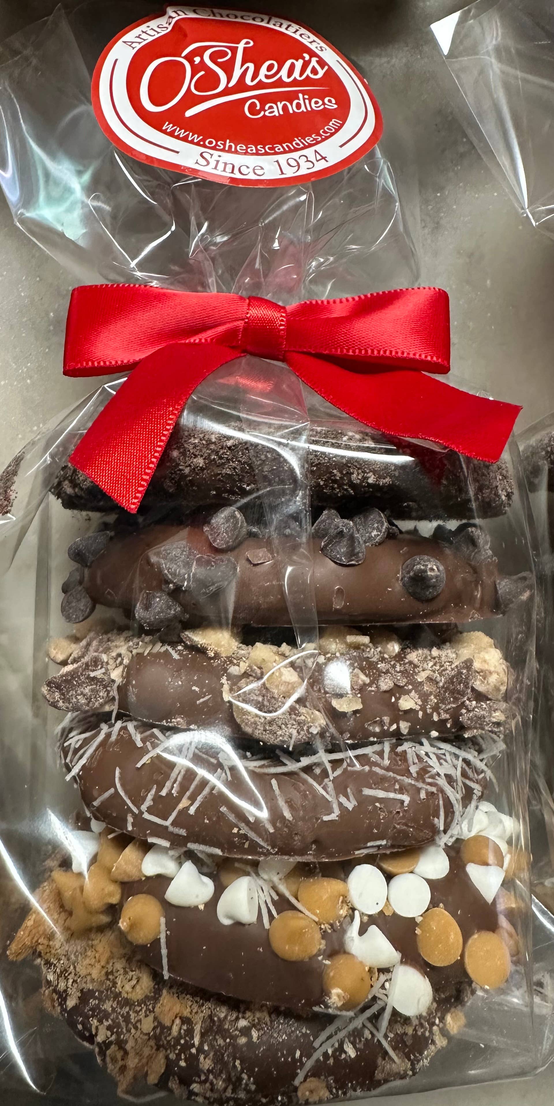 O'Shea's Candies Sweet Shop - Wholesale Chocolate Covered Sweets - Gourmet Decorated Pretzel Stacks 6PK w/ Bow 🥨10