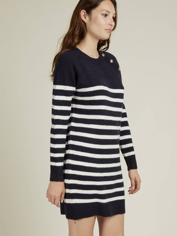 Andy & Lucy - Wholesale Dress - Women's - ARLENE - Mid-length sweater dress with stripes and gold buttons5