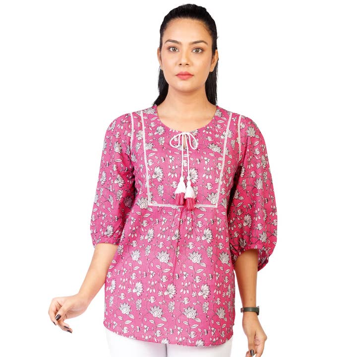 The Indian Bazaar - Wholesale Tunic - Women's - Women's Tunic - Pink and White Floral Print, Tie Strings