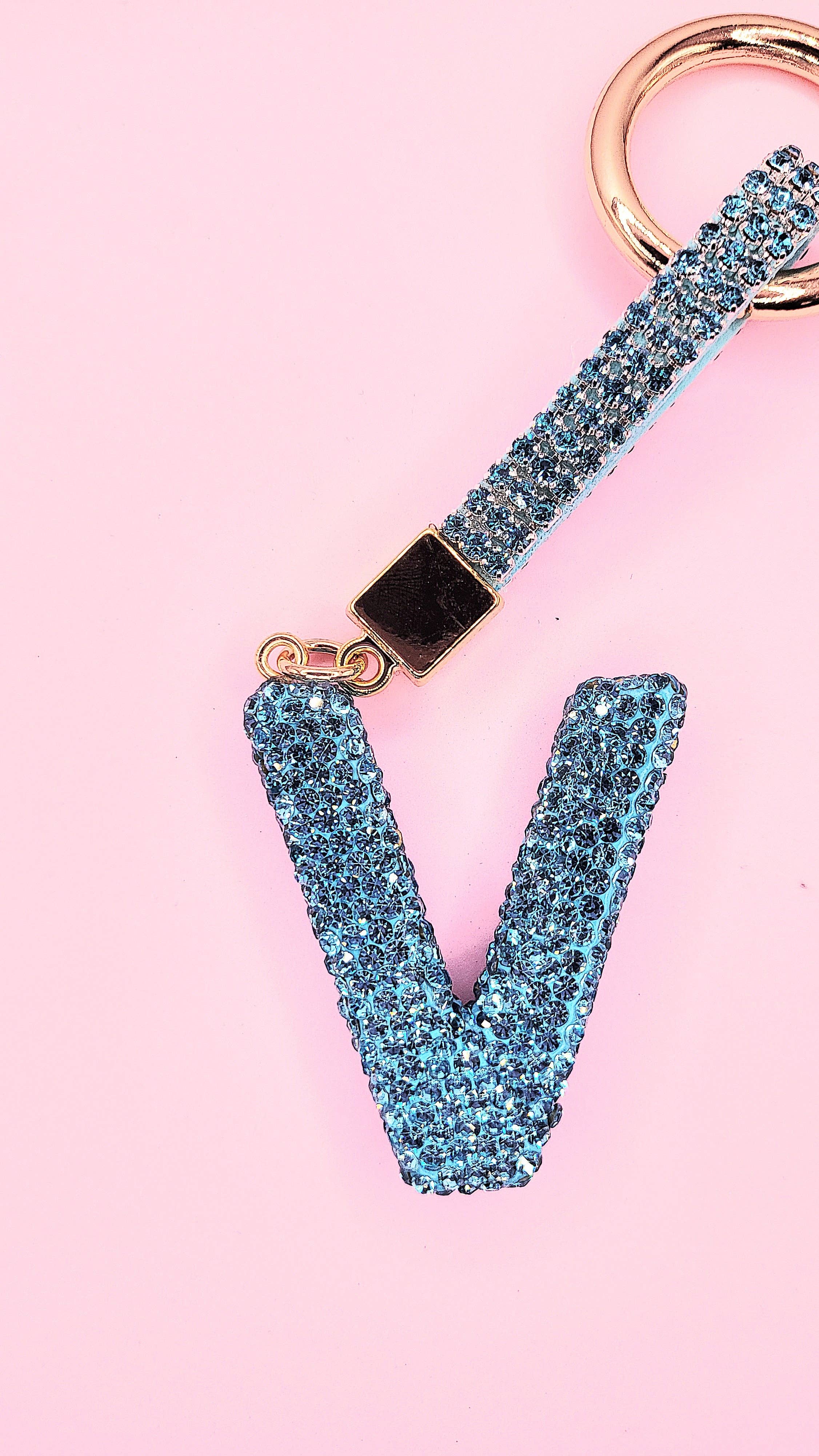 Silver Initial Letter Blue Crystal Key Ring & Bag Charm for wholesale on Faire20