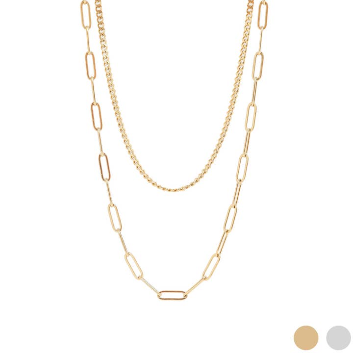 WJW - Wholesale Link & chain necklace - 18K Gold PVD Stainless Steel Curb and Paperclip Layered Chain Necklace