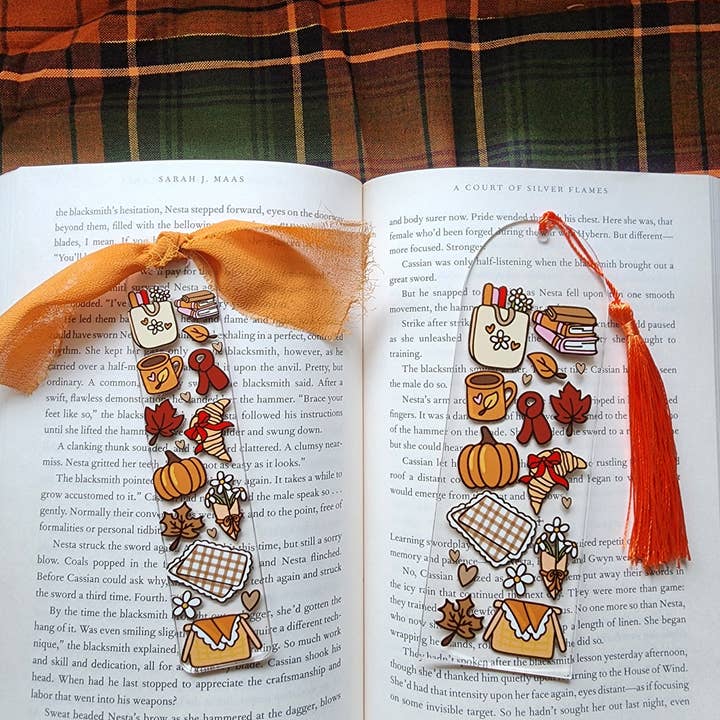 Autumn Bookish Picnic Acrylic Bookmark|Pumpkin Bookmark for wholesale by Sun Moon & Stars Co.