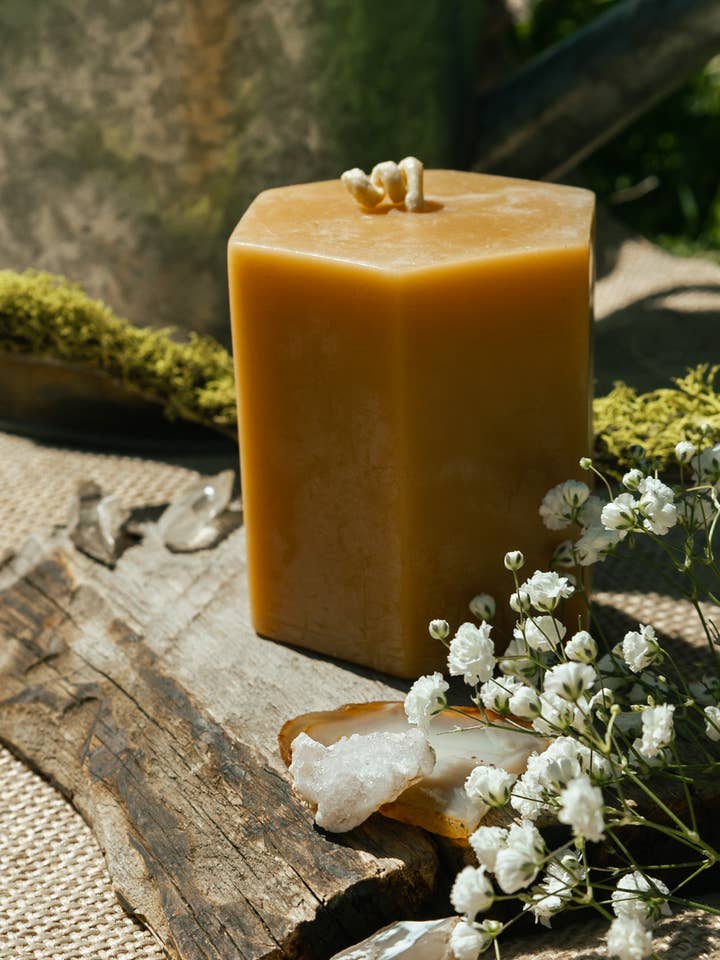 Hexagon PNW Beeswax Candle for wholesale by Evermore Adornments