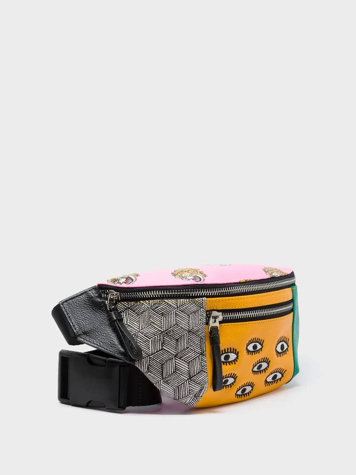 Harold Fanny Pack em Pele Rosa Pastilha Elástica - Estampa de Tigre Ardente por atacado de Min & Mon
