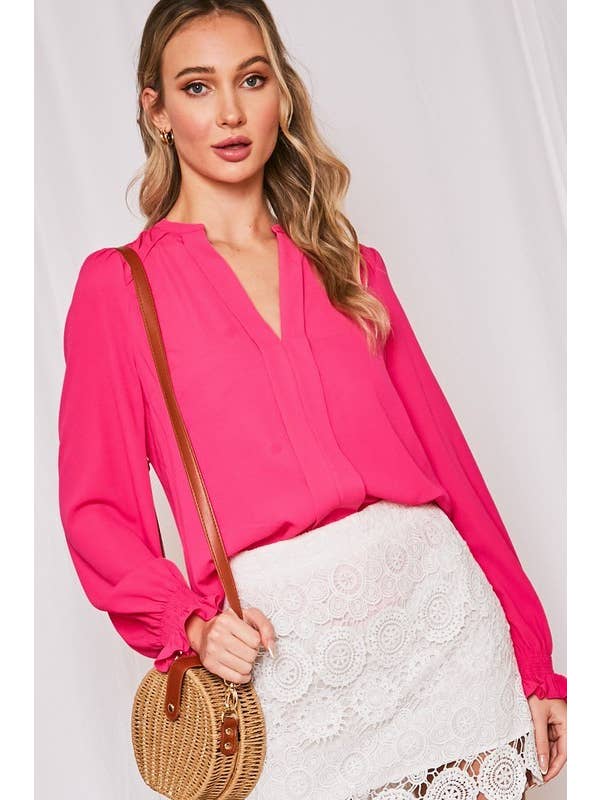 Vine & Love - Vente Chemisier – femme - Blouse smockée à encolure Henley et manches ballon VT31377D4