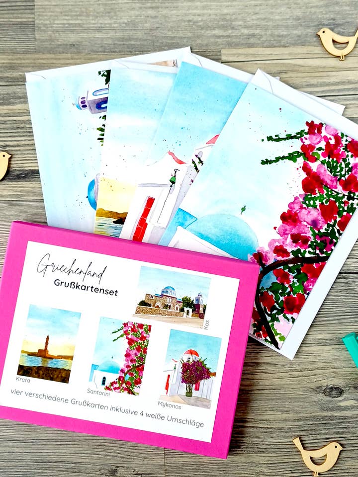 Wenskaarten cadeauset Griekenland – 4 kaarten met enveloppen voor wholesale door Christina Jenne Art and Design