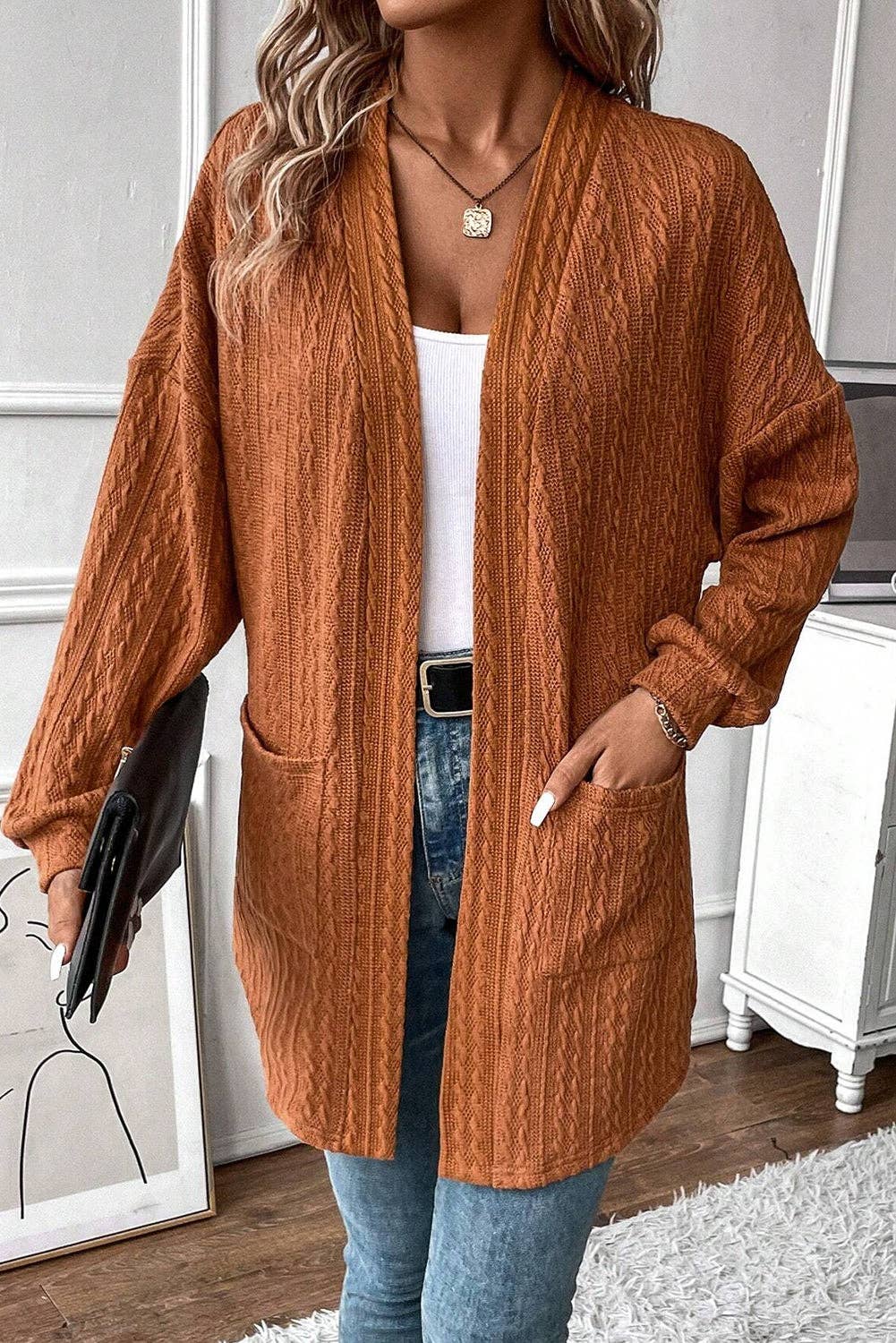 N!ce knit cardigan（BROWN） Wholesale Chestnut Textured Knit Side Pockets Open Front
