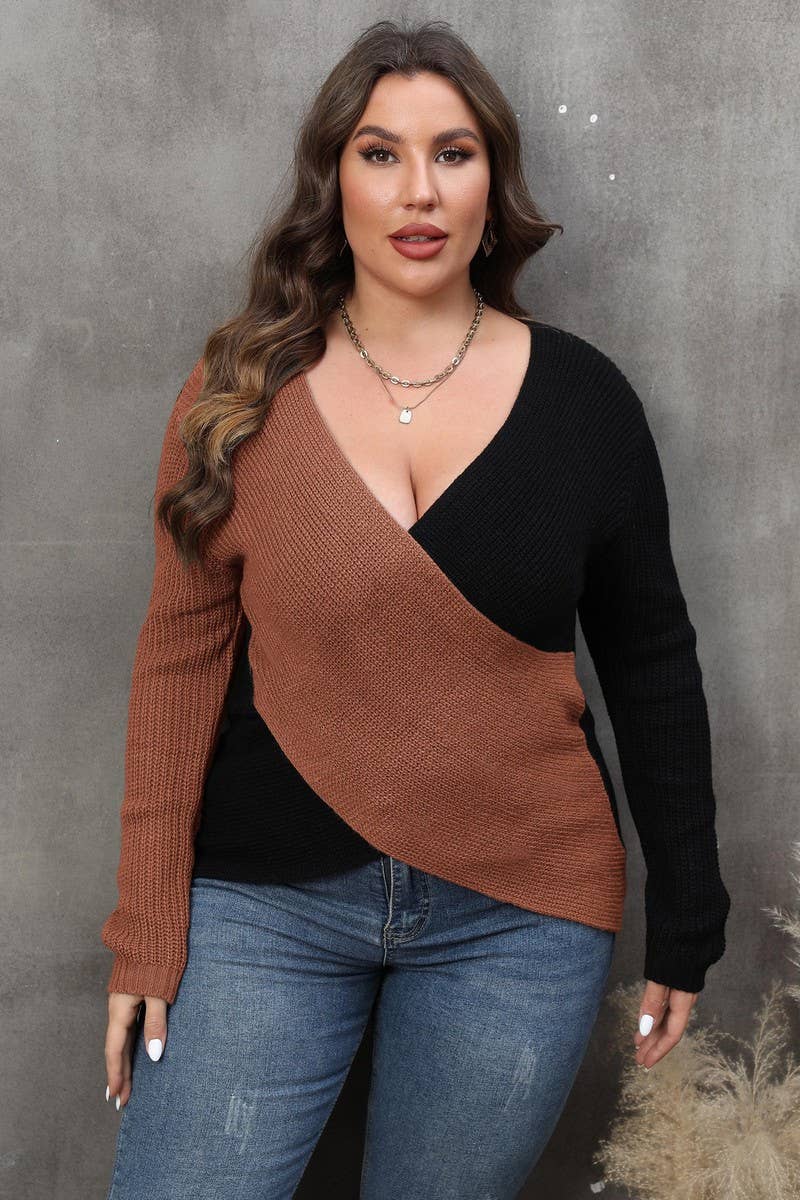 Lily Clothing - Wholesale Knit Sweater - Women's - WOMEN PLUS SIZE SEXY DEEP NECK CROSS WRAP SWEATER_CWOCAL02982