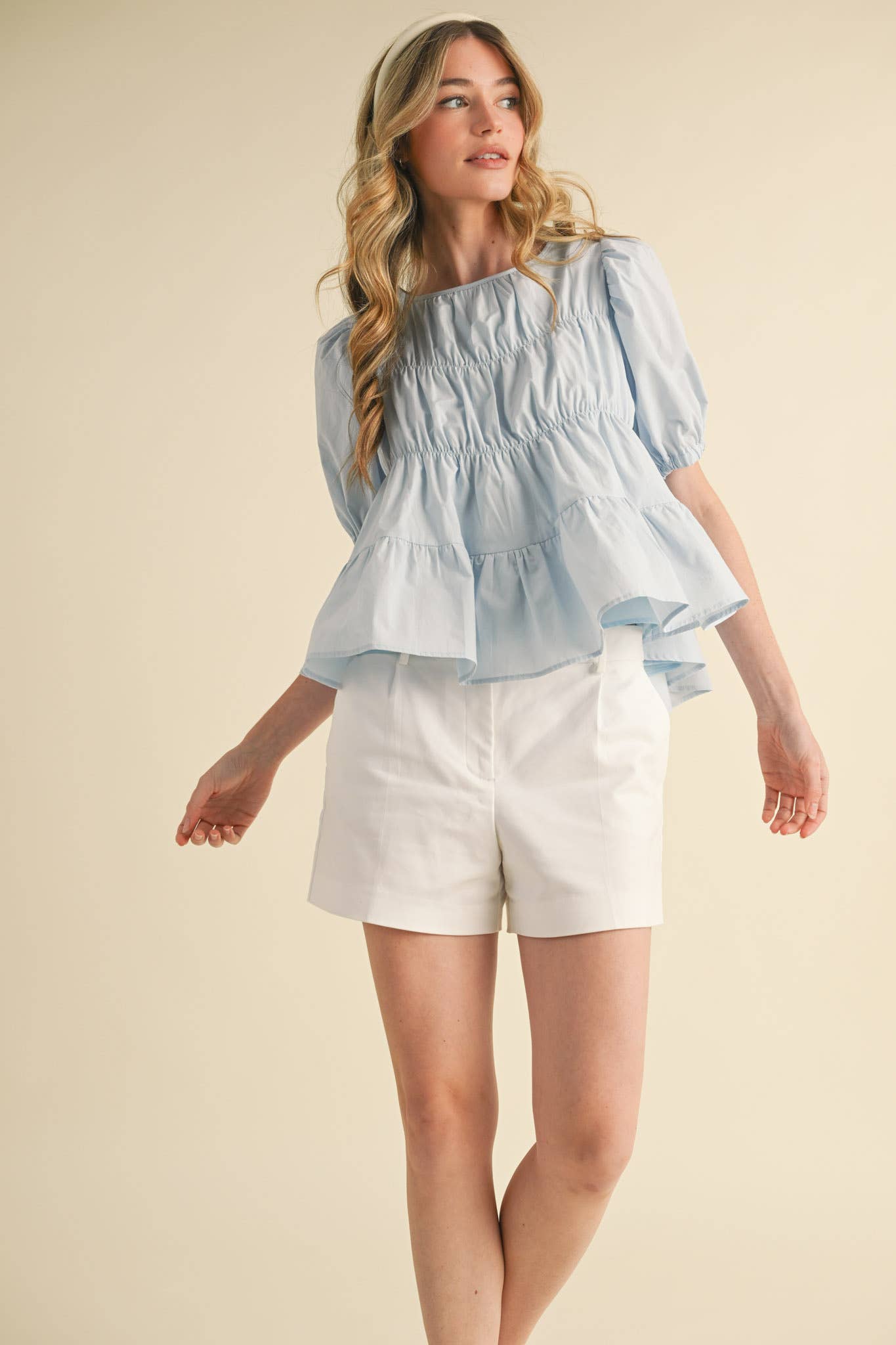 &MERCI - Wholesale Blouse - Women's - TIERED SHIRRING PUFF SLEEVE TOP MTP308115