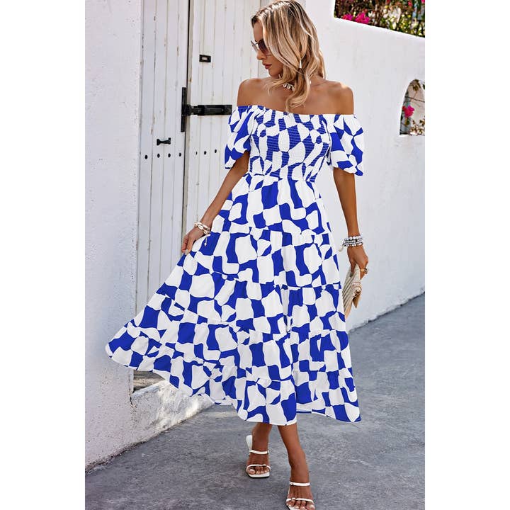 Allover Print Off Shoulder Bindebælte A-linje Kjole for engroshandel hos Supreme Fashion