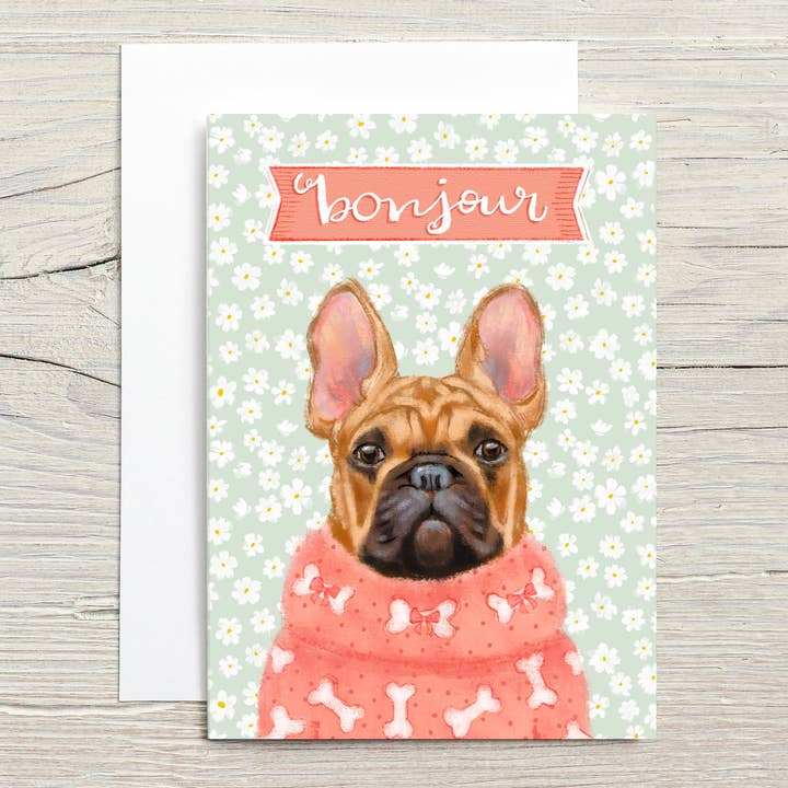 Carte Bonjour Bouledogue Français pour la vente par Christy Obalek Illustration