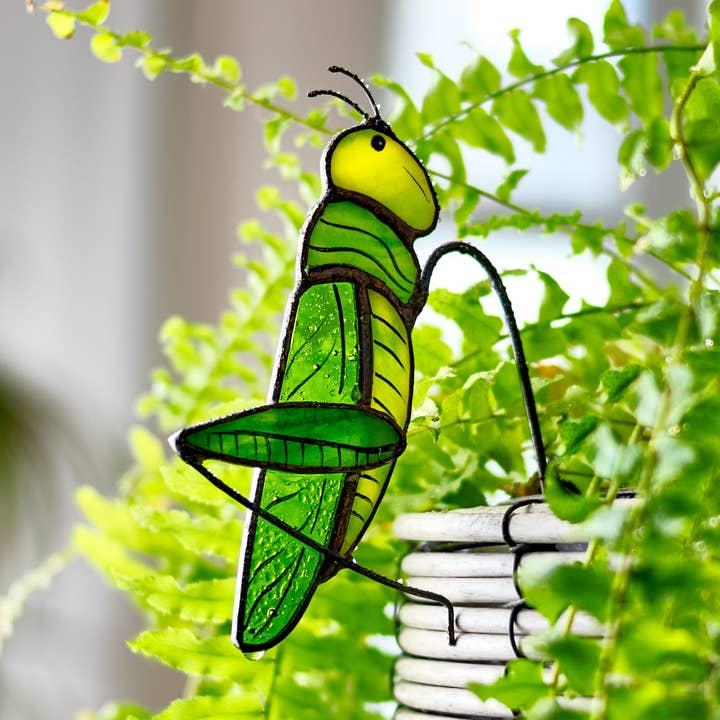 Grasshopper Stained Glass Plant Pot Hugger for wholesale by Avalglass