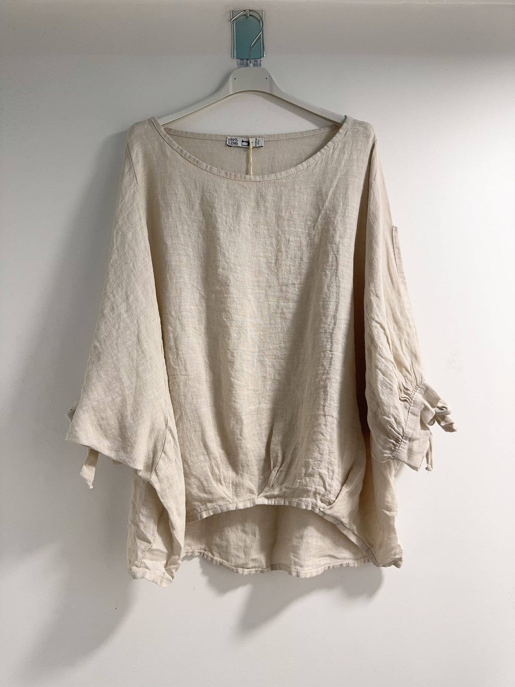 Happy look - Vente Chemisier – femme - Top Oversize en Lin avec Nœud sur les Manches0