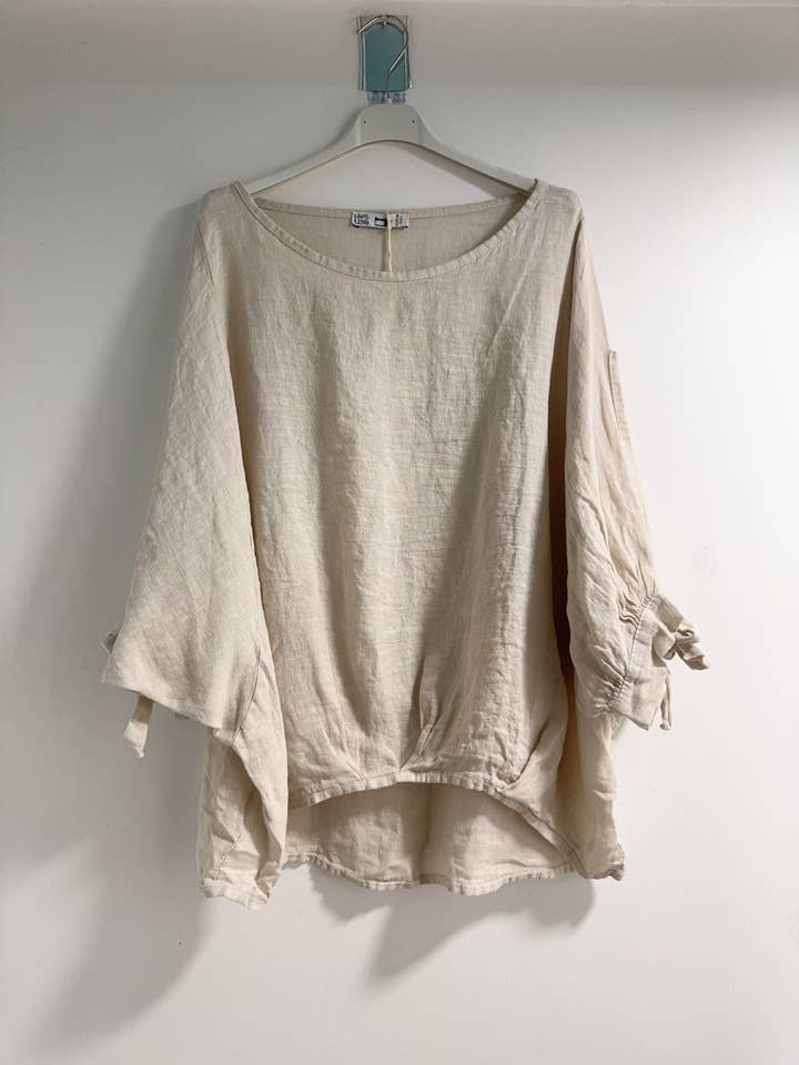 Happy look - Vente Chemisier – femme - Top Oversize en Lin avec Nœud sur les Manches