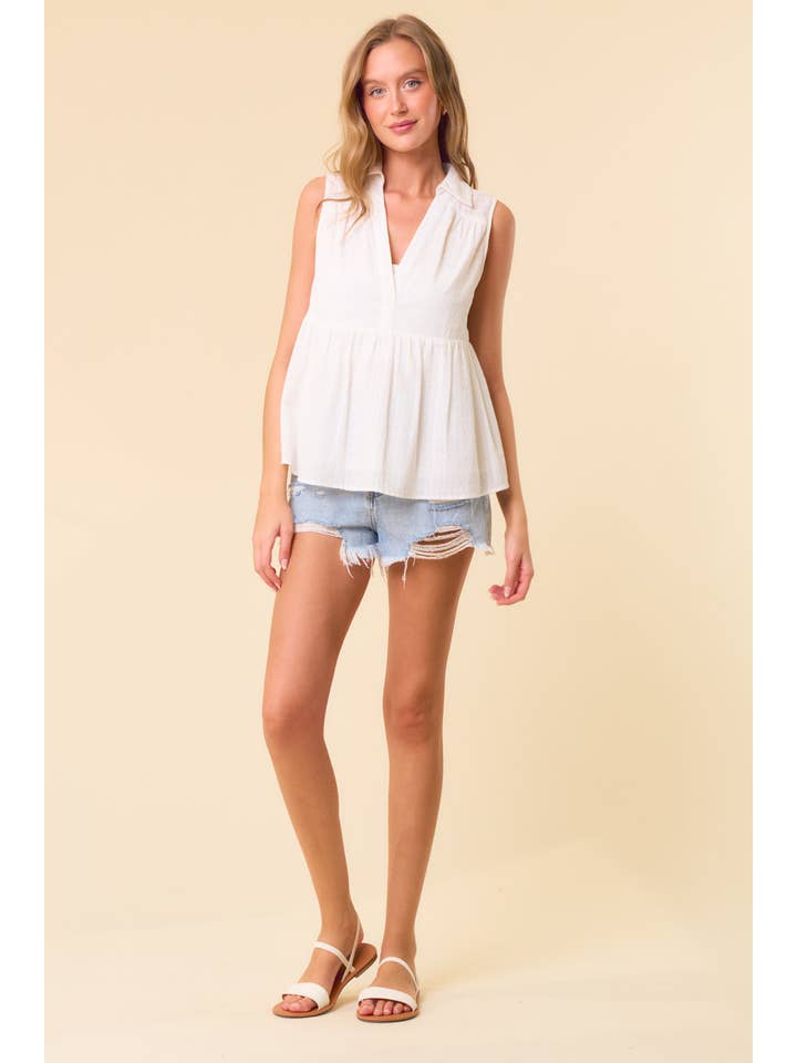 Doe and Rae - Wholesale Blouse - Women's - Textured Cotton Collared Split V-Neck Sleeveless - 44378T